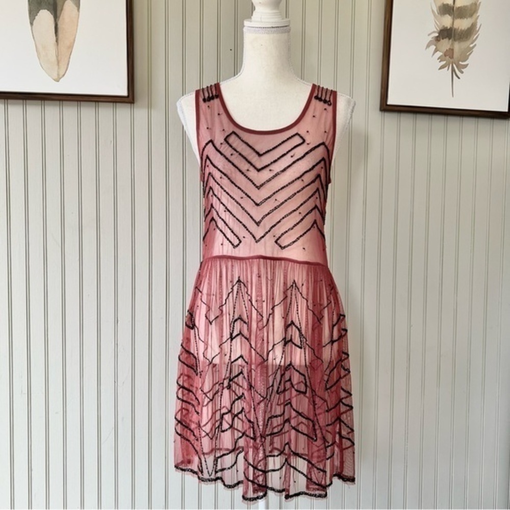 Free People Intimately Sheer Mesh Beaded Tank Mini Dress Nwt Size Small Pink